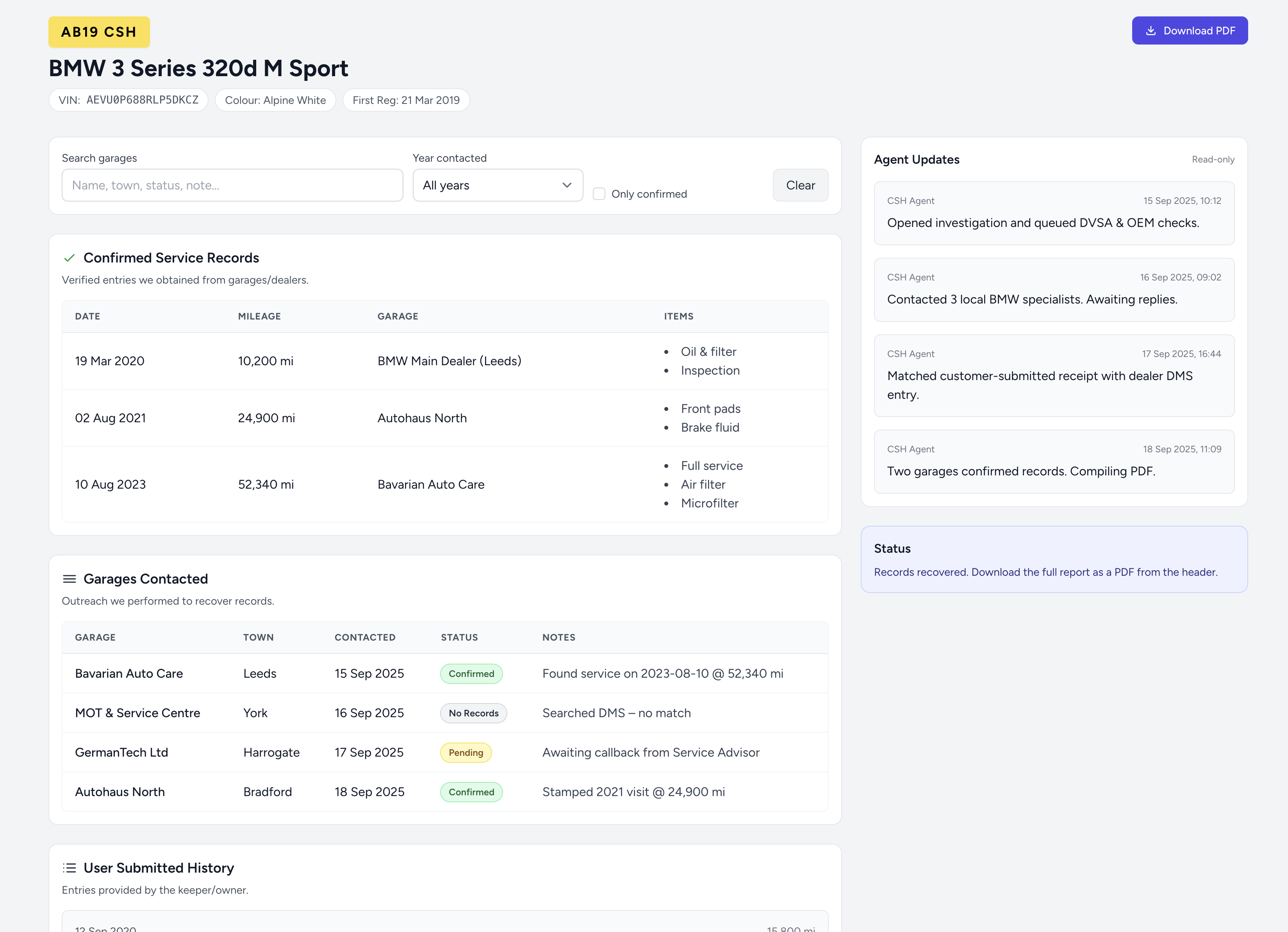 Demo Volvo service history report from CarServiceHistory.co.uk showing verified service entries, MOT mileage timeline, and garage outreach log